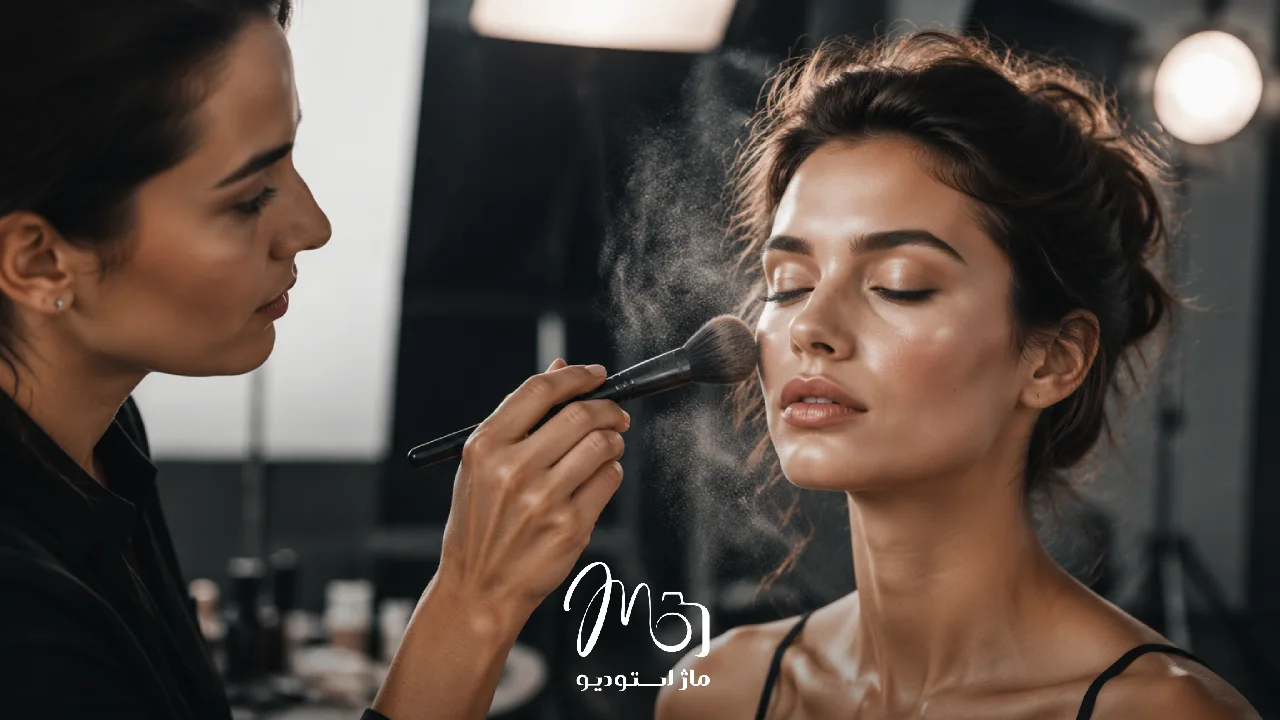میکاپ آرتیست در حال فیکس کردن آرایش صورت برای عکاسی پرتره در آتلیه