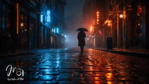عکاسی خیابانی سینمایی در شب از فردی با چتر در کوچه ای سنگفرش و مه آلود.