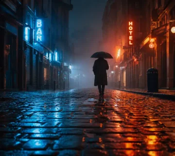 عکاسی خیابانی سینمایی در شب از فردی با چتر در کوچه ای سنگفرش و مه آلود.