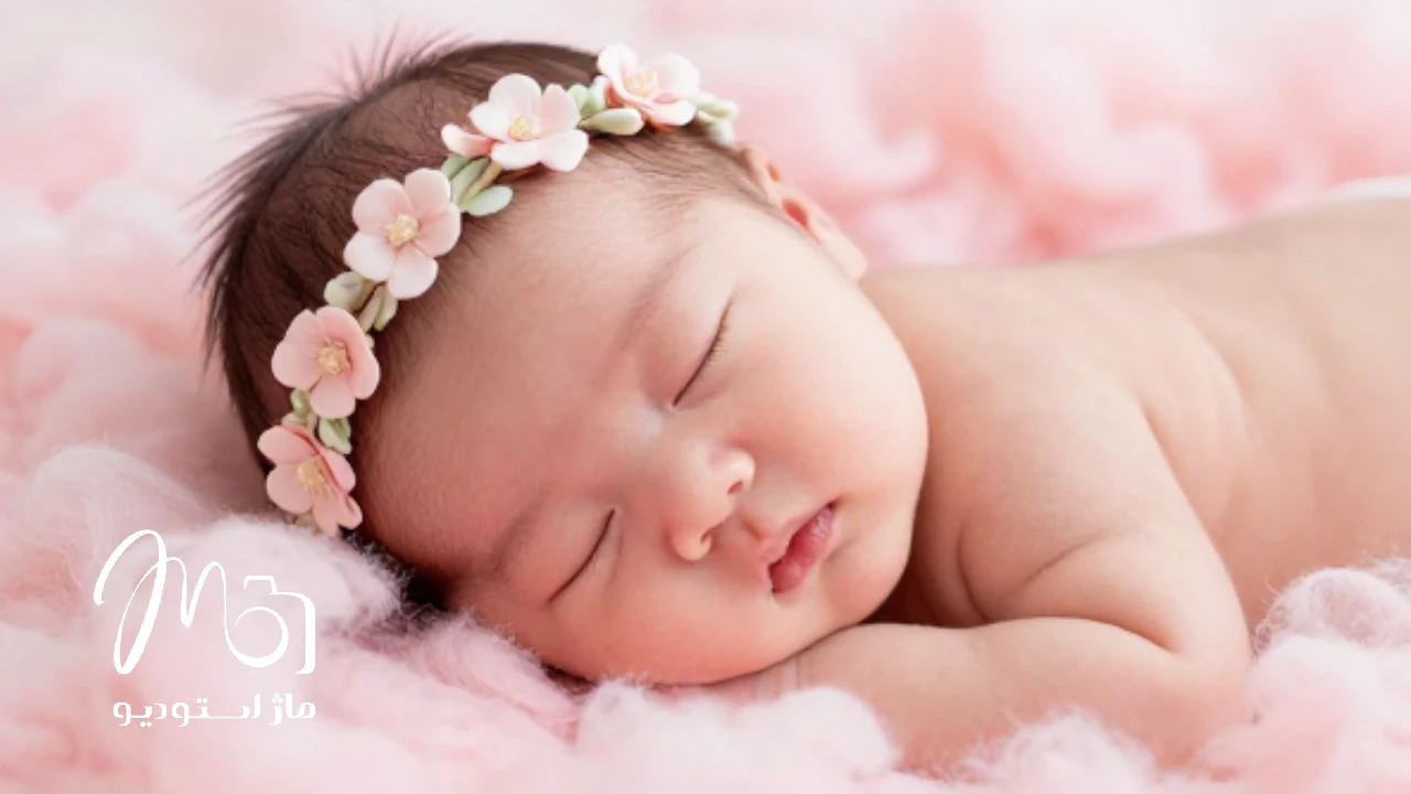 عکاسی از نوزاد دختر در خواب عمیق با بک گراند صورتی ملایم و نور پردازی ایمن