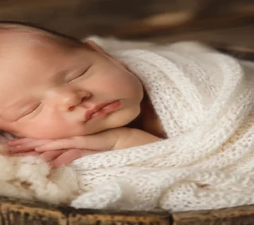 خواب عمیق نوزاد زیر یک ماه در سبد چوبی در بهترین زمان عکاسی آتلیه