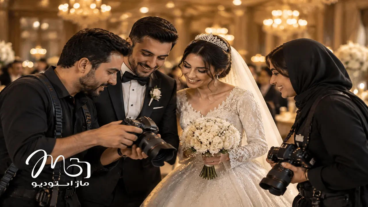 زوج جوان در جلسه بازدید حضوری از دفتر آتلیه عروس و ورق زدن آلبوم نمونه