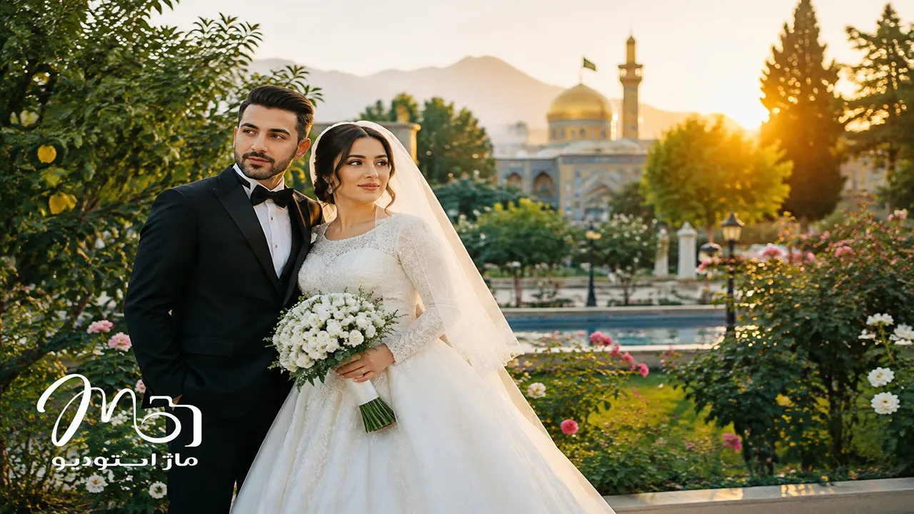 عکاسی عروس و داماد در باغی زیبا در مشهد با نور طلایی هنگام غروب