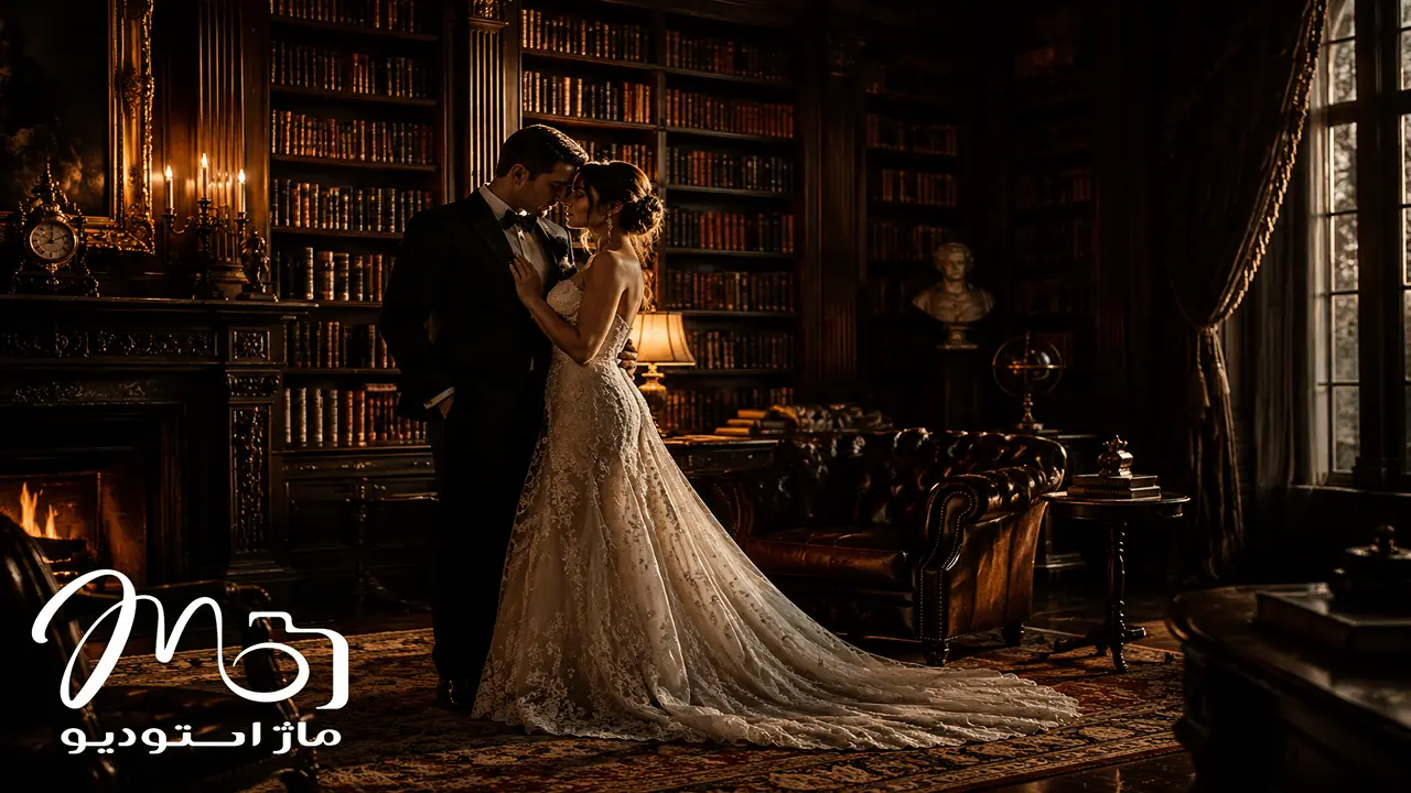 سبک عکاسی دارک و دراماتیک عروس و داماد در عمارت لوکس با نورپردازی گرم و سایه های عمیق